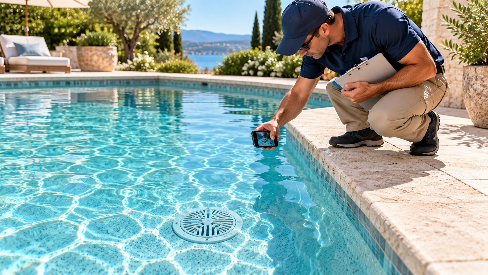 Pool professional photographing an anti-entrapment main drain cover from the deck of a clear backyard pool