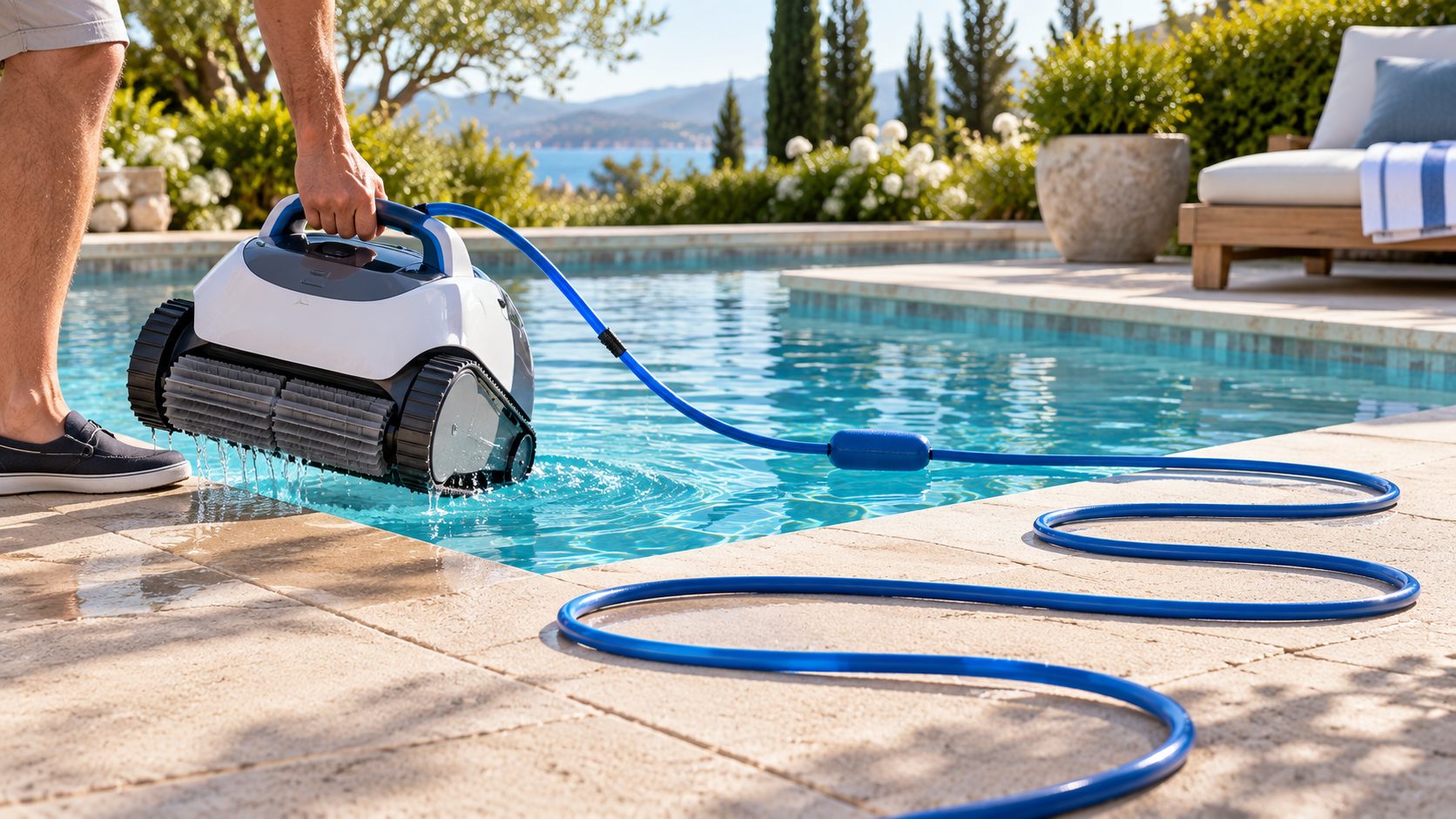 Robotic pool cleaner being lifted by its handle with a relaxed untwisted blue cable beside a backyard pool