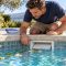 Homeowner inspecting a pool skimmer weir door as leaves drift toward the skimmer opening