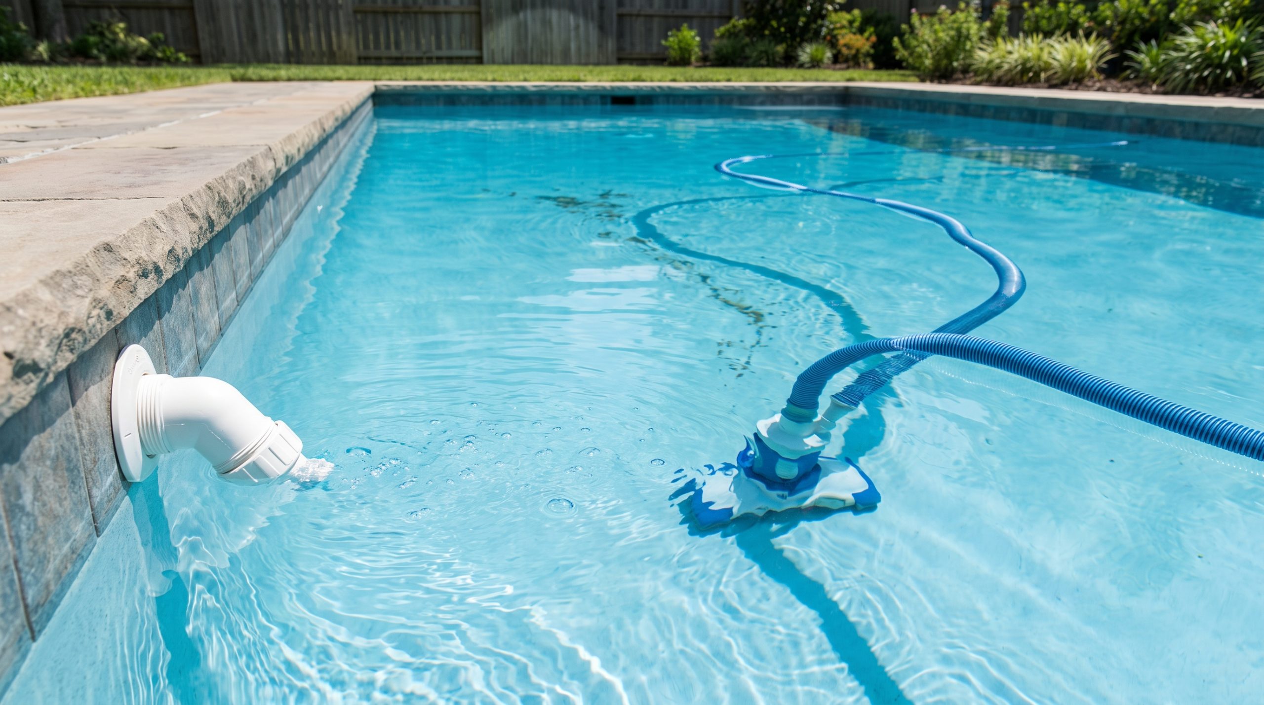 Suction-side pool cleaner hose near an adjustable return jet in a clear backyard pool