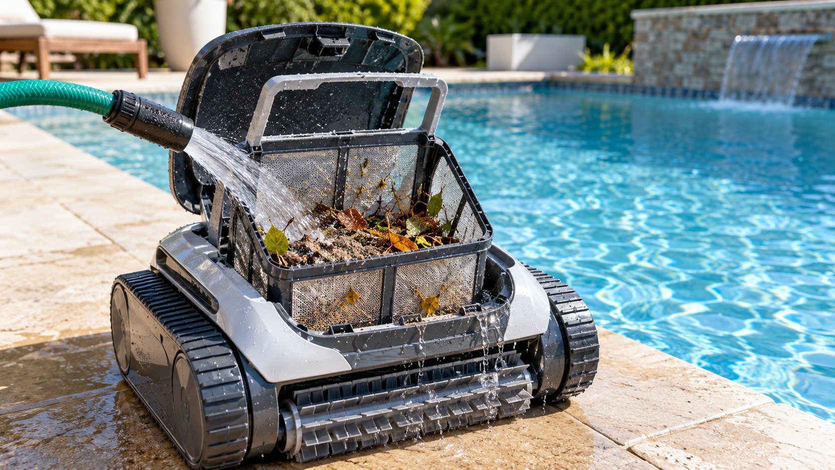 Robotic pool cleaner filter basket being rinsed after a cleaning cycle beside a backyard pool