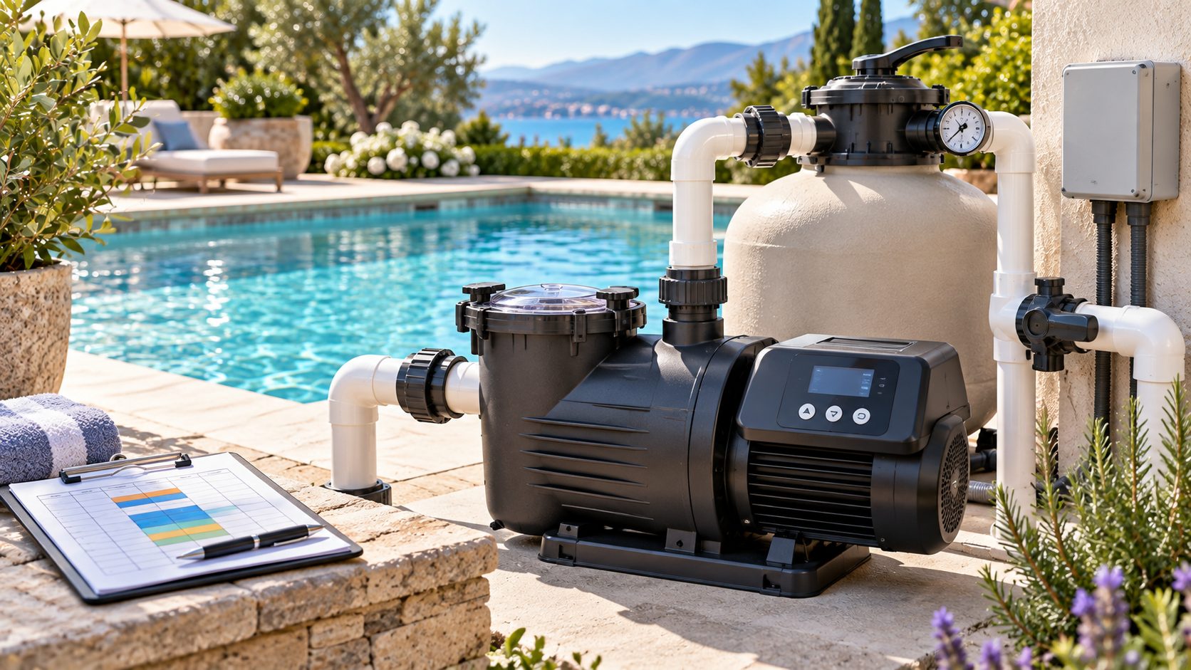 Variable speed pool pump and schedule checklist beside a clear backyard swimming pool
